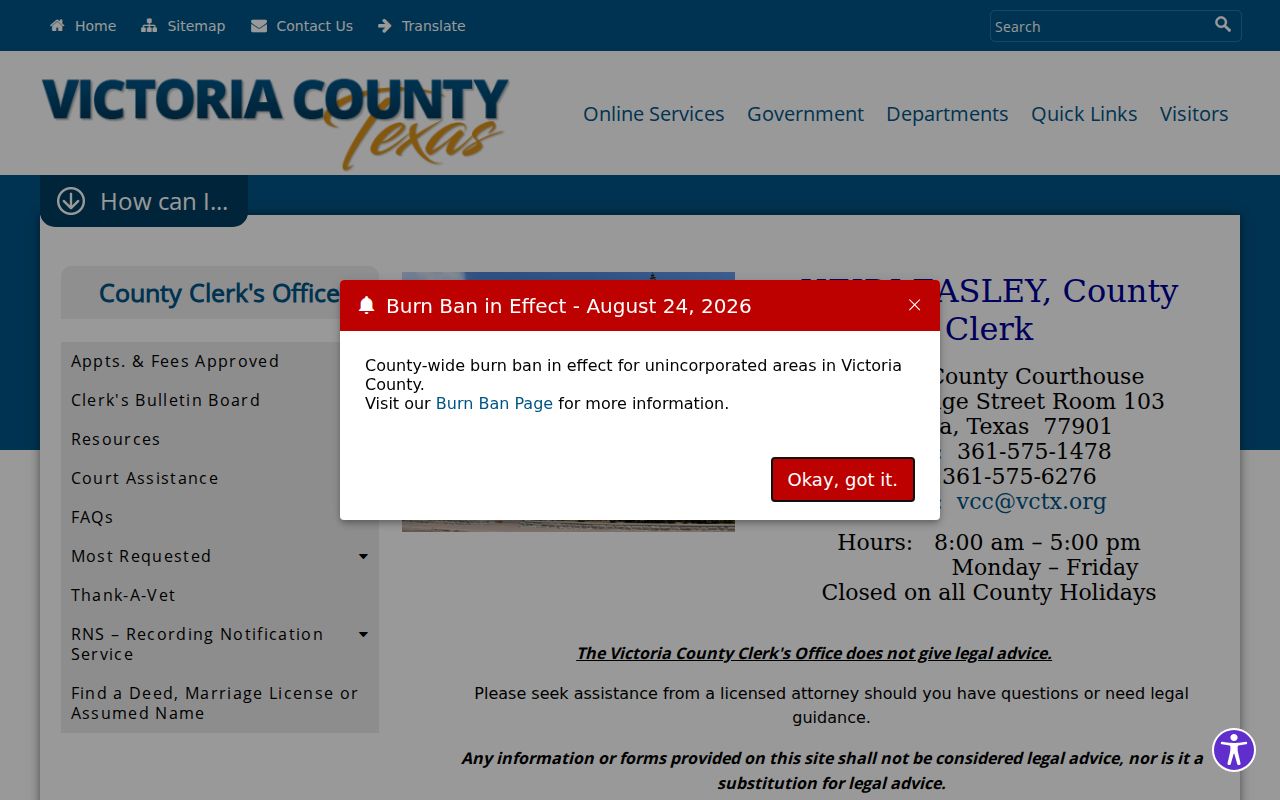 Victoria County court records County Clerk office page